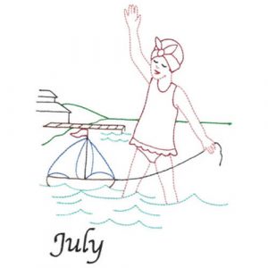 Girl & Sailboat Toy at the Beach (July Old-Time Color-Line Quilt Design)