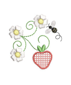 Single Strawberry with Flowers & Bee