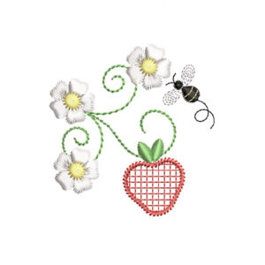 Single Strawberry with Flowers & Bee